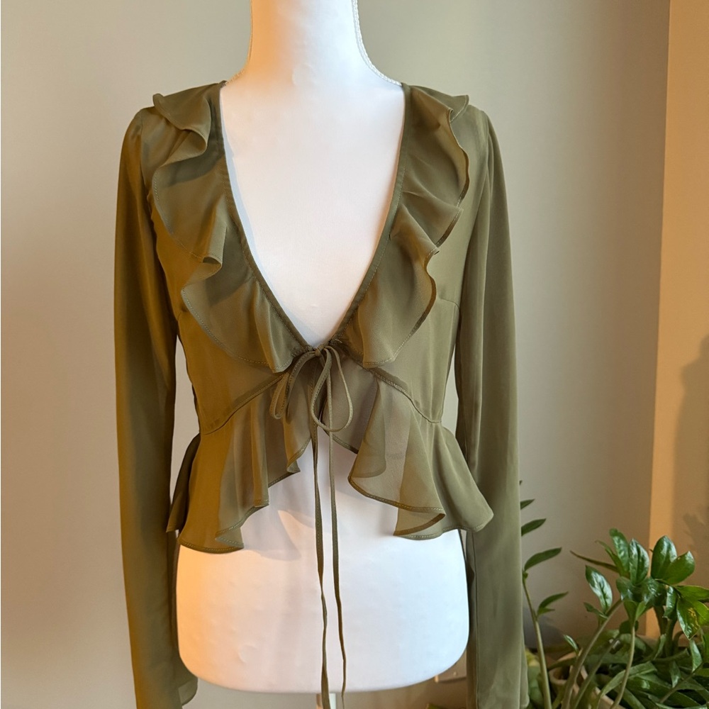 Edikted Olive Green Ruffle Tie-Front Blouse